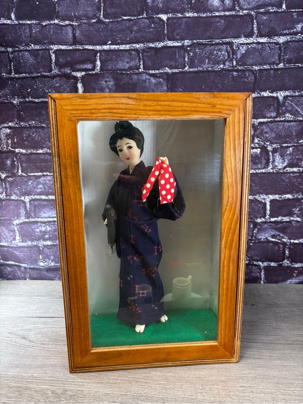 Vintage Geisha Doll in Navy Kimono with Red Polka Dot Handkerchief
